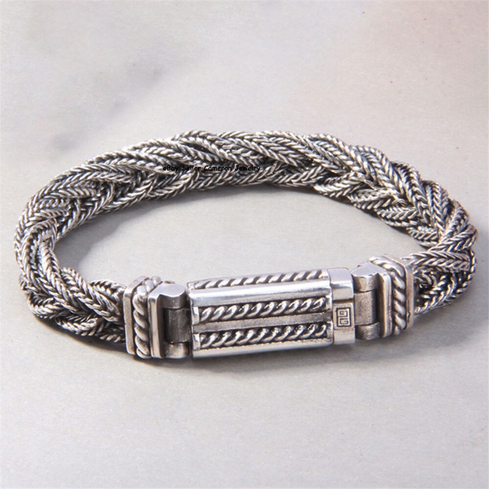 Pure S925 Sterling Silver Chain 10mm Braided Foxtial Link Bracelet 7.1-8.3inch
