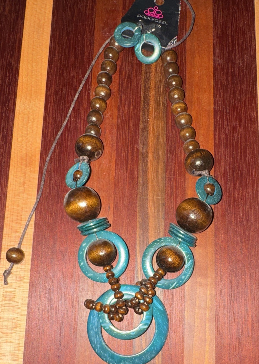 Paparazzi Brown Blue Wood Beaded Cord Necklace Adjustable Drawstring Round