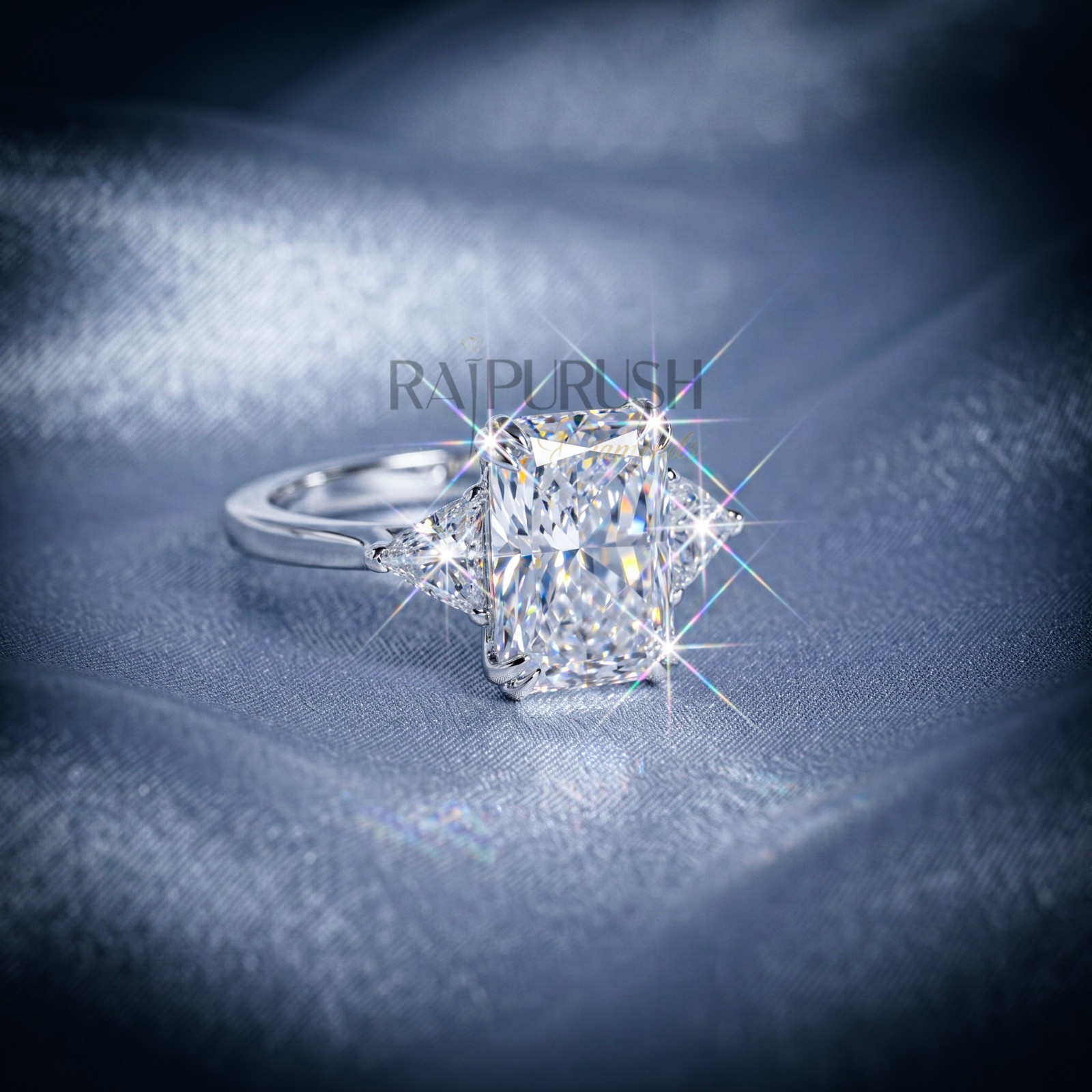 Radiant Cut Moissanite Engagement Ring Triangle Side Stone 925 Silver Ring Women