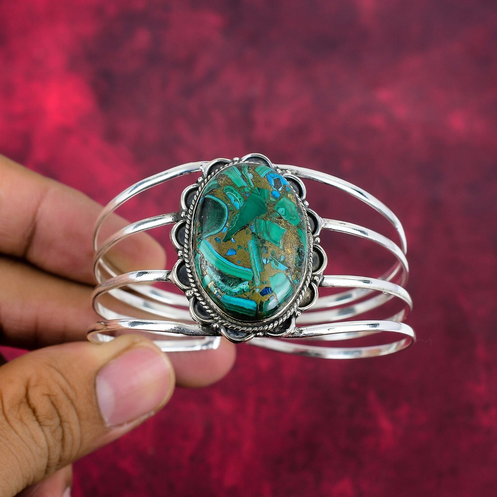 Copper Malachite Gemstone Handmade Jewelry 925 Solid Silver Adjustable Bangle