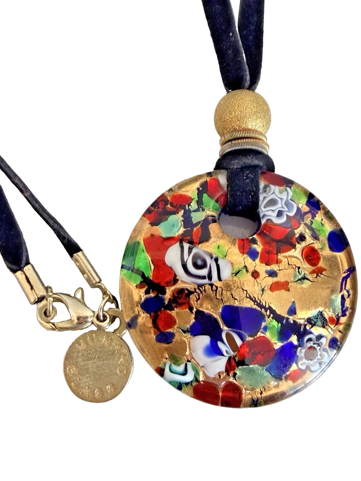 Vintage Italy Vetro Di Murano Black Cord Multi-Color Glass Pendant Necklace 16″