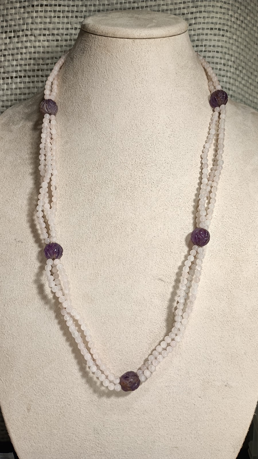 Vintage Chinese Rose Quartz Carved Amethyst Stone Beaded Necklace Silver Clasp
