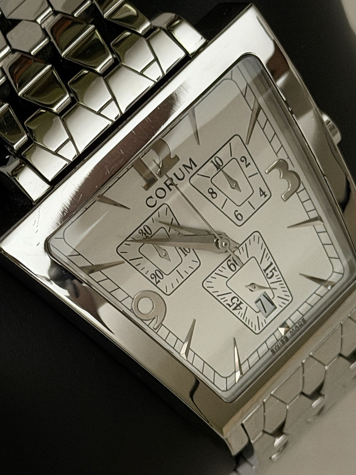 Men’s Corum Trapeze Chronograph 196.404.20 Steel Bracelet Silver Dial
