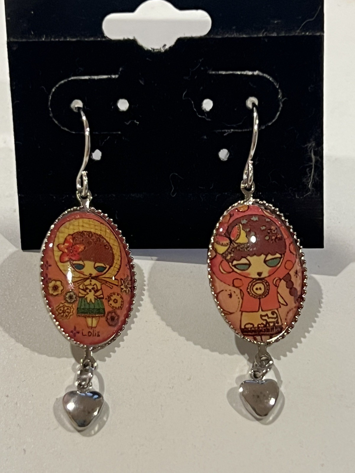 Kawaii Anime Girl Portrait Cameo Dangle Earrings Silver Tone Heart Charm Drop