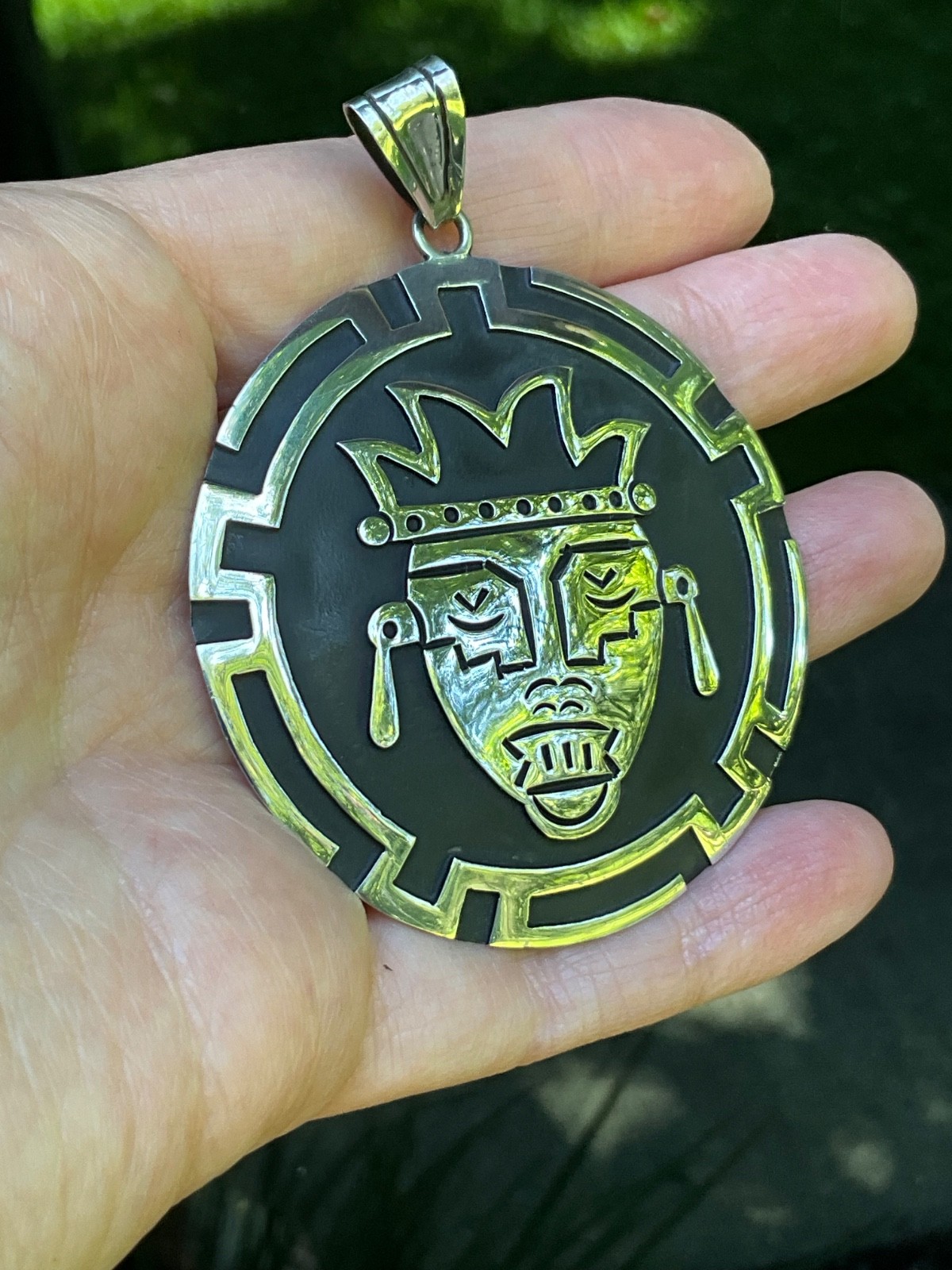 Huge Vintage Sterling Silver Aztec Mask Pendant Mexico 22.4g Handcrafted Tribal