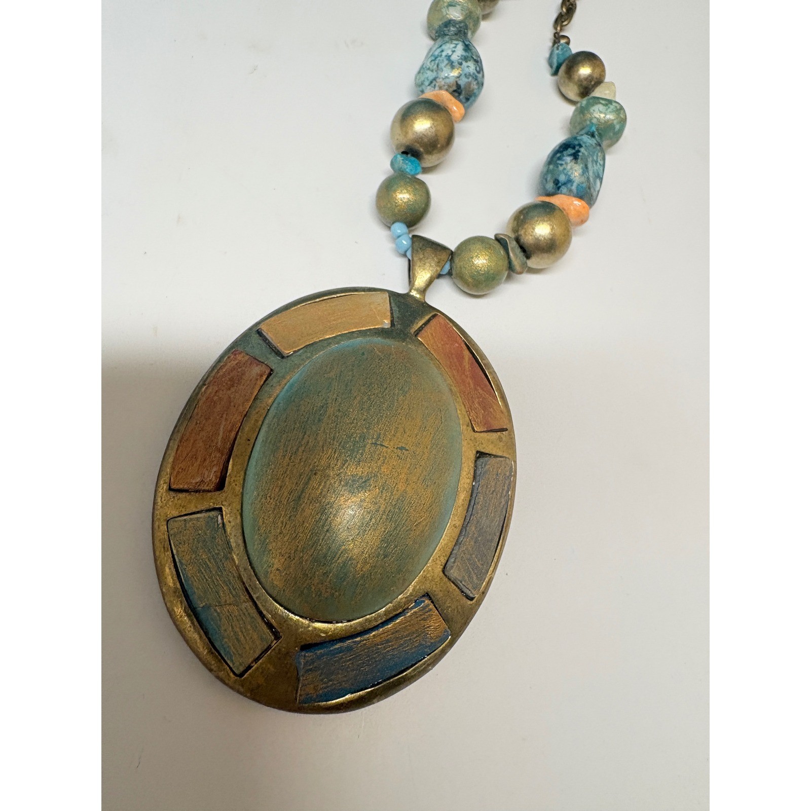 Moussa Artisan Brass Beaded Statement Necklace Teal Gold Oval Pendant Boho