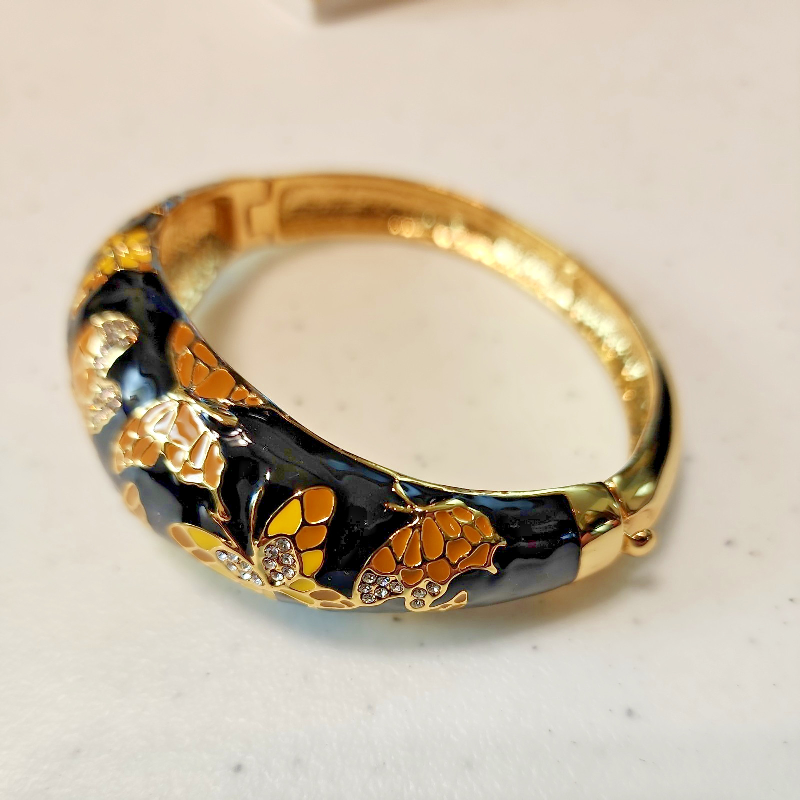 Handcrafted Enamel Gold Cloisonne Butterfly Bangle Bracelet w Austrian Crystals