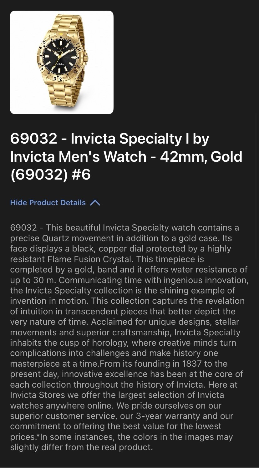 Invicta Specialty I Men’s Quartz Watch 42mm Black Dial Gold Steel Bracelet 30m