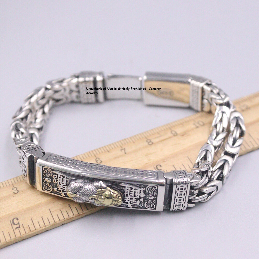 Pure S925 Sterling Silver Chain 12mm Byzantine PixiuLink Bracelet 65-66g 8.26in