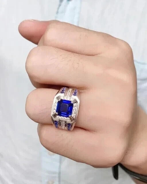 3Ct Asscher Cut Lab-Created Sapphire Wedding Ring Man’s 14k White Gold Plated