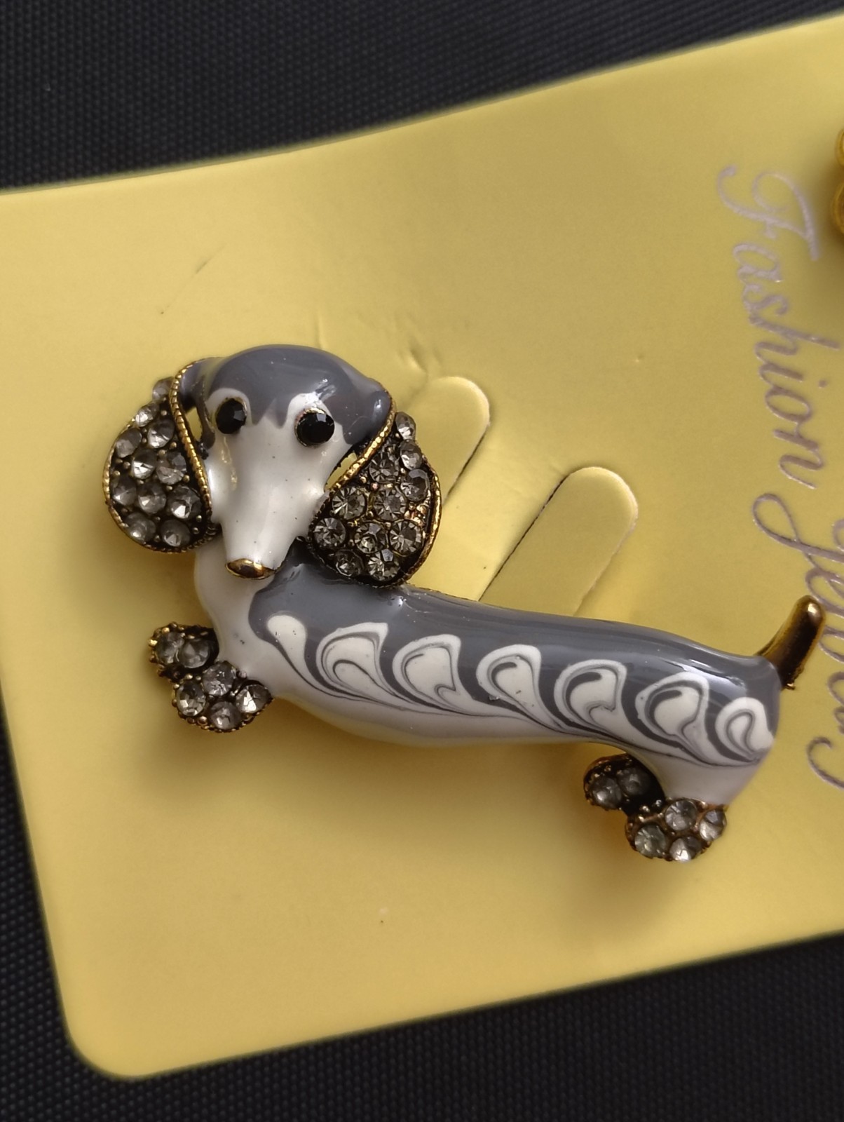 Enamel Dachshund/Weiner Dog Brooch Stick Pin Pavé Crystal Rhinestones Gray White