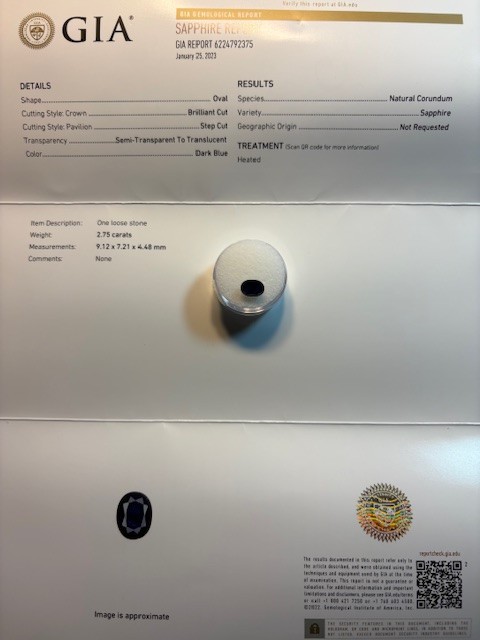 GIA Certified Sapphire 2.75ct Oval Dark Blue, Excellent Cut, Exceptional Value