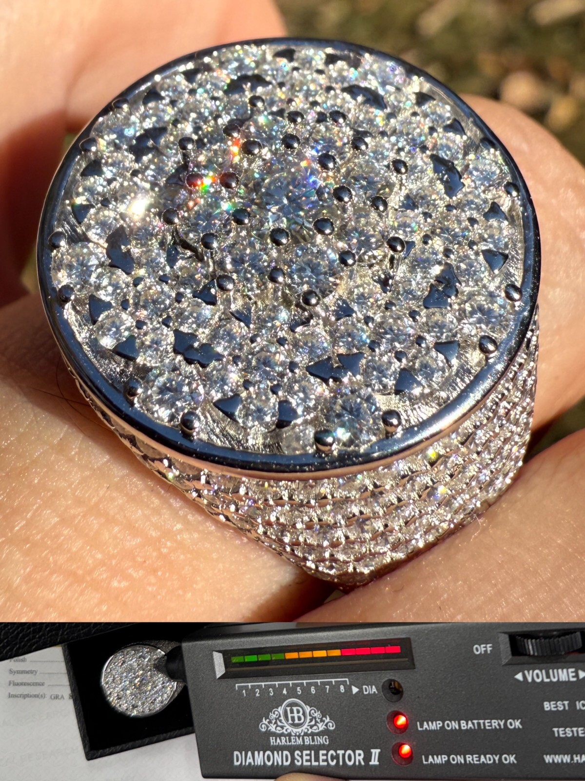 Real MOISSANITE Mens Flower Setting Honeycomb Set Iced Hip Hop Ring 925 Silver