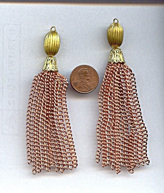2 VINTAGE COPPER COATED STEEL BRASS 11 CURB CHAIN 4″ FANCY CAP TASSELS T39