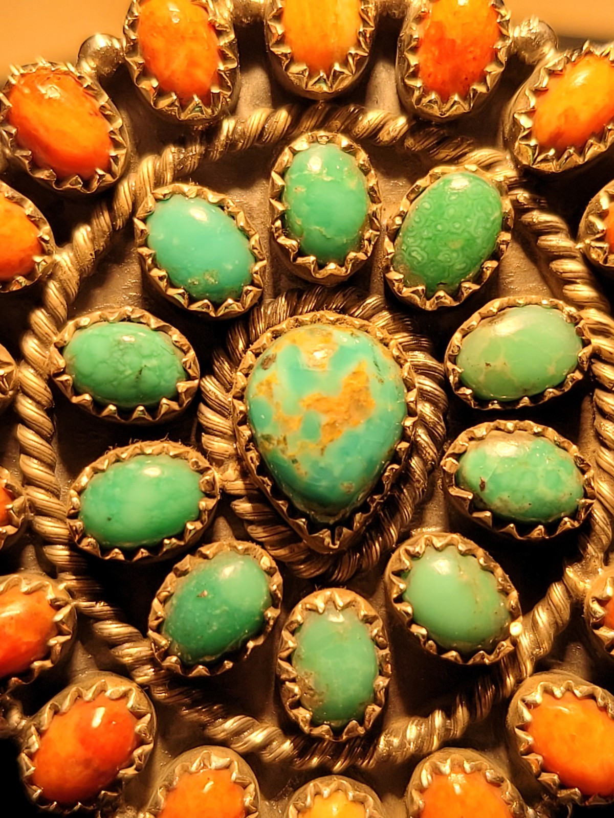 Turquoise & Orange Mojave SS 925 Adjustable Handmade Statement Ring -closed back