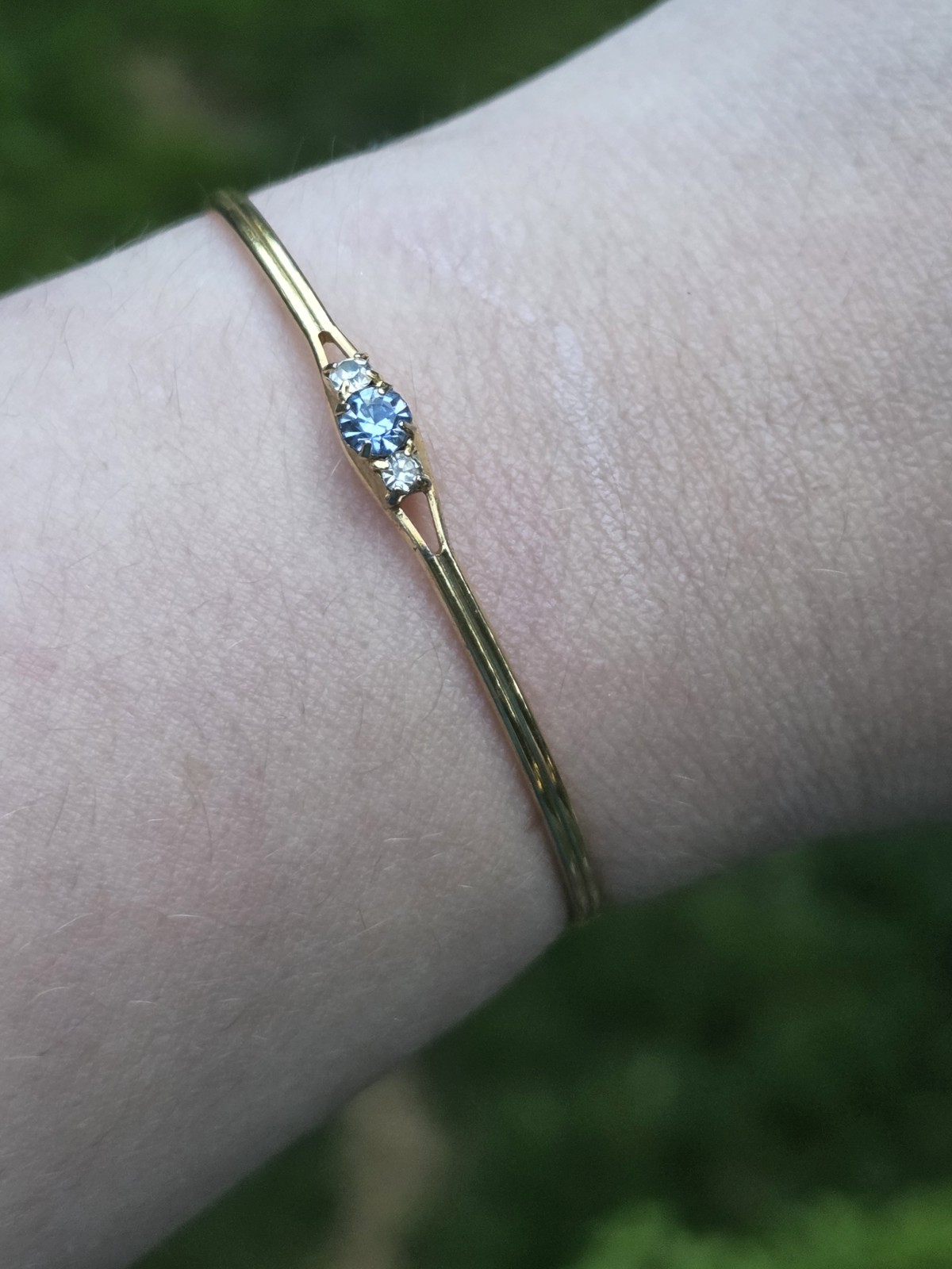 Vintage Tiny Child’s Bracelet Cuff Gold Tone Aquamarine Glass Birthstone Small