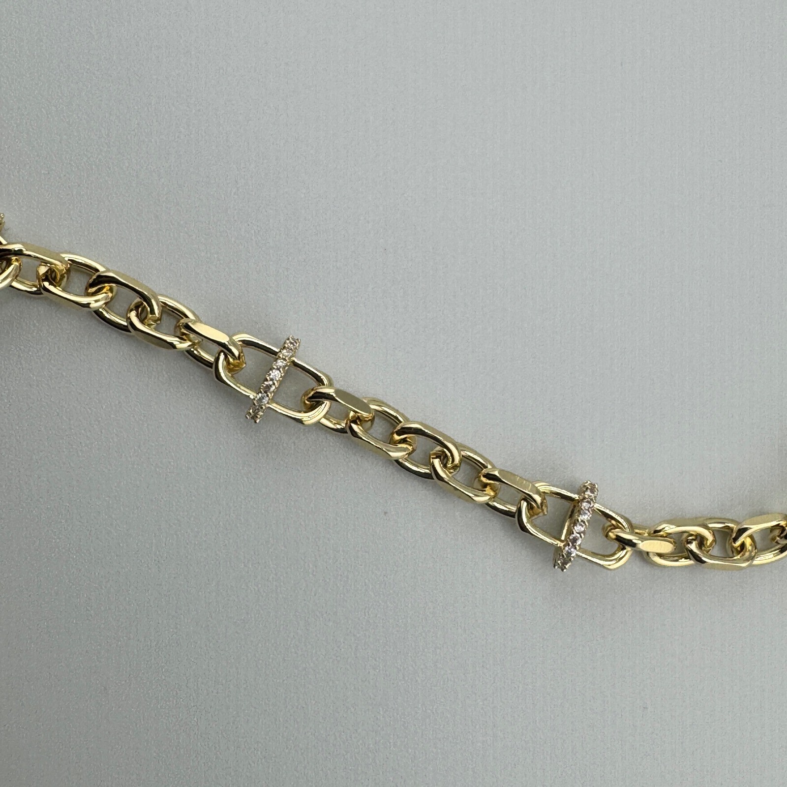 Gold Tone Pavé Crystal Bar Link Chain Necklace Adjustable Paperclip Style