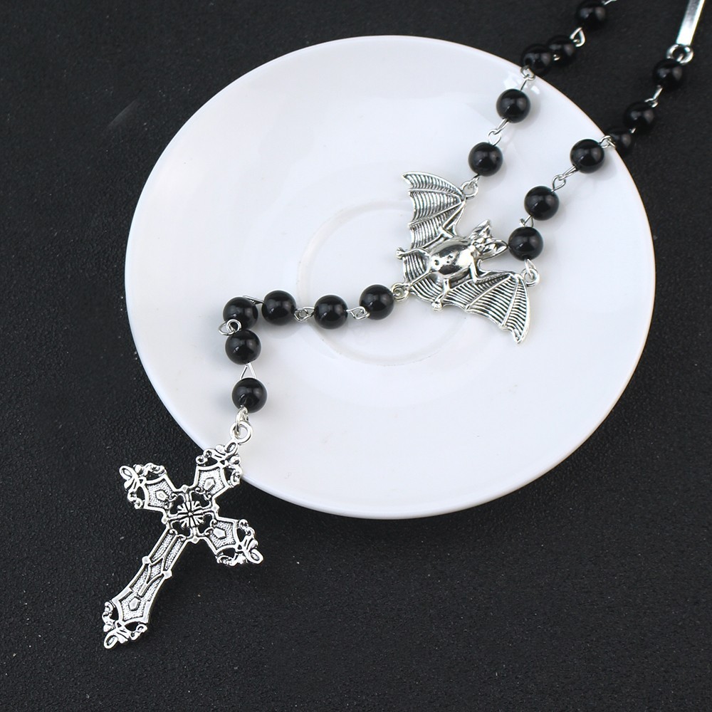 Bat Rosary Cross Necklace Gothic Goth Punk Alternative Jewelry