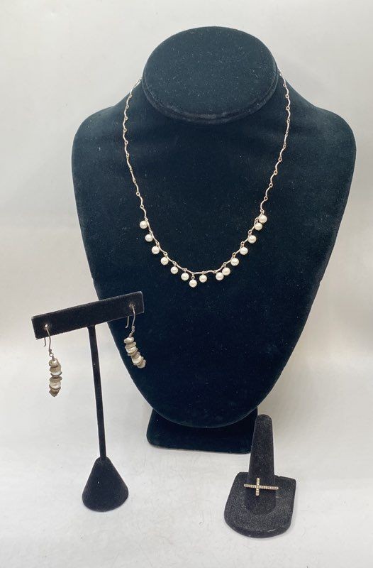 Sterling Silver 925 Pearl Jewelry Set Necklace 17″ Cross Ring Size 7.5 13.3g