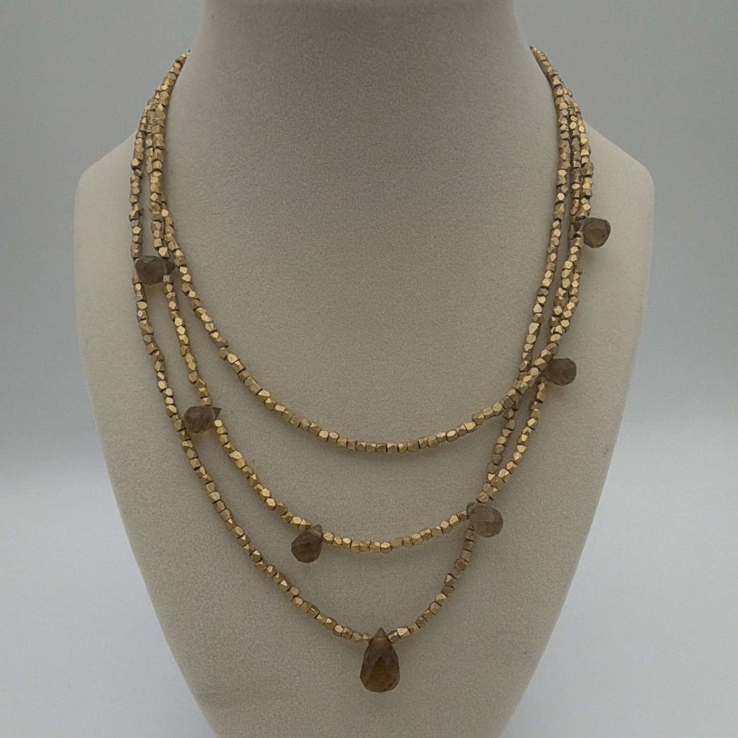 White House Black Market Signed Gold Tone Layered Beaded Necklace Brown Teardrop
