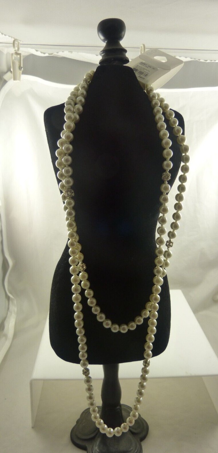 necklace Faux pearls long white crystal beads in areas silvertone. bride elegant
