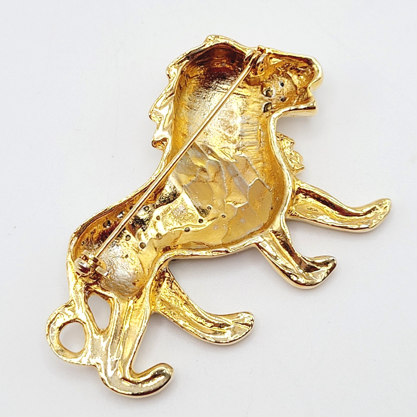 Lion Walking Curled Tail Green Eye Pave Sparkling Crystal Gold Tone Vtg Brooch