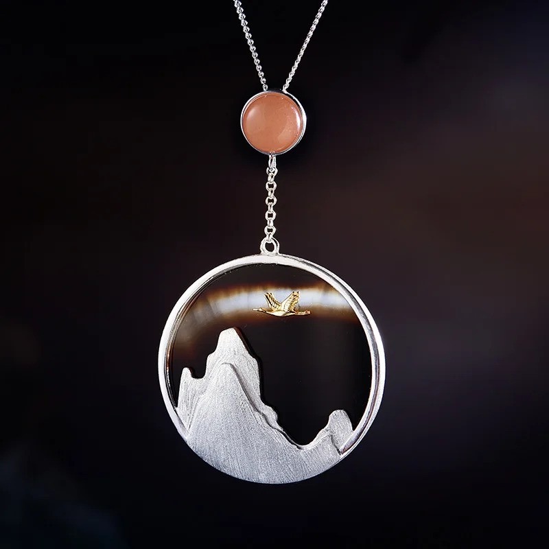 Mountain Bird Art Nature Agate Gemstone 925 Sterling Silver Pendant No Chain WG