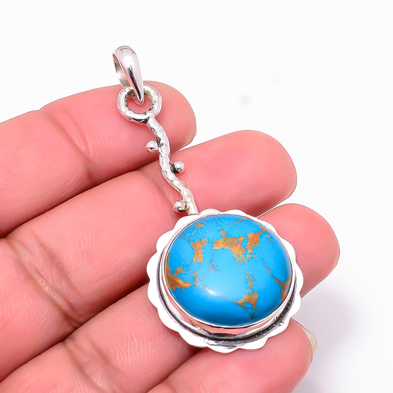 Copper Blue Turquoise Designer Handmade 925 Sterling Silver Pendant 2.15″ P25612