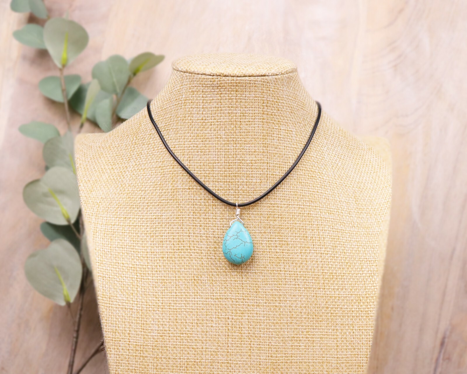 Teardrop Turquoise Pendant Necklace for Women with Leather Cord