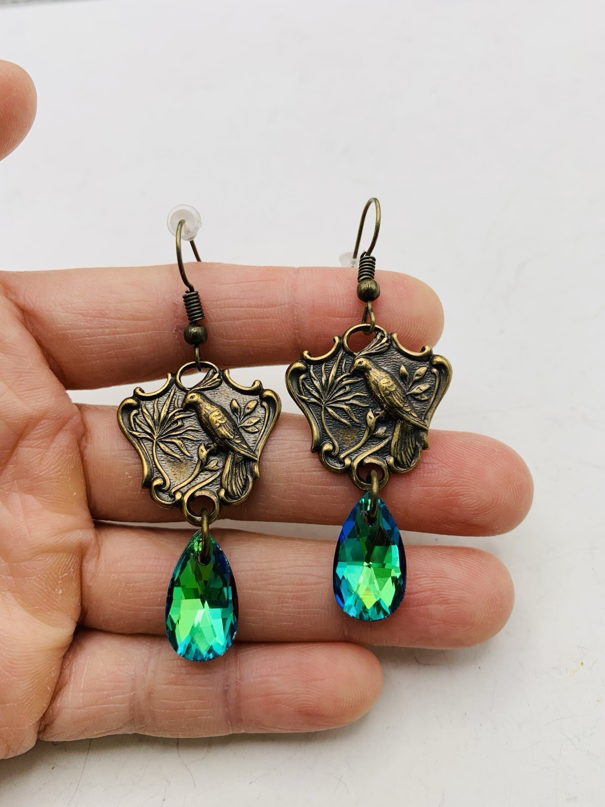 Vintage Style Bronze Art Nouveau Enchanted Bird Rainbow Blue AB Hook Earrings