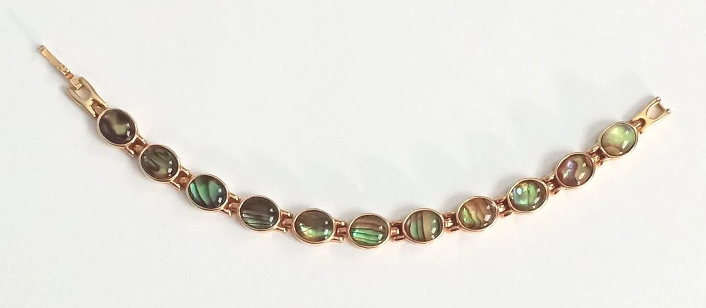 Blue, Green & Brown Opalescent Cabochon Gold Tone Link Bracelet