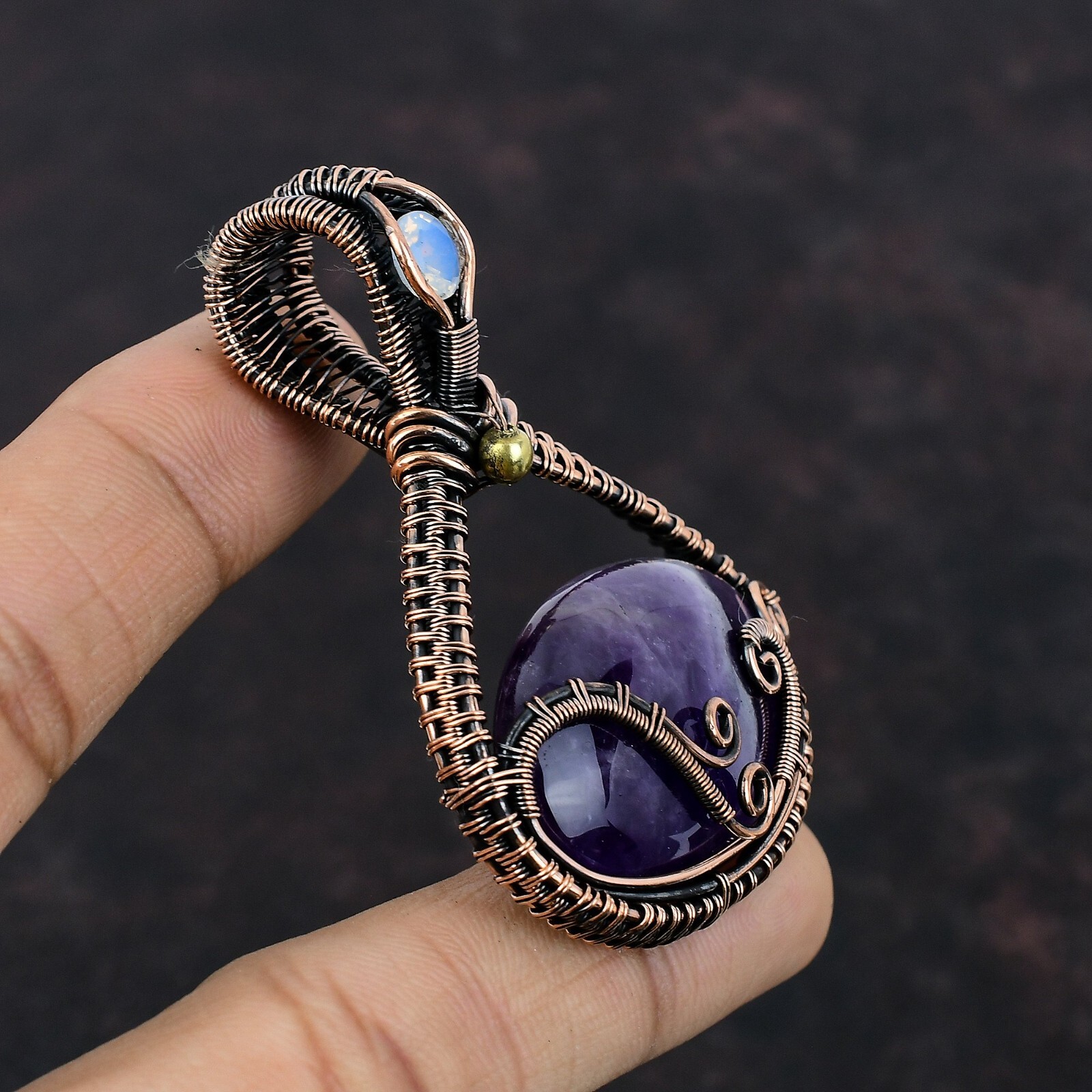 Chevron Amethyst Gemstone Jewelry Copper Love Gift Wire Wrapped Pendant 2.56″