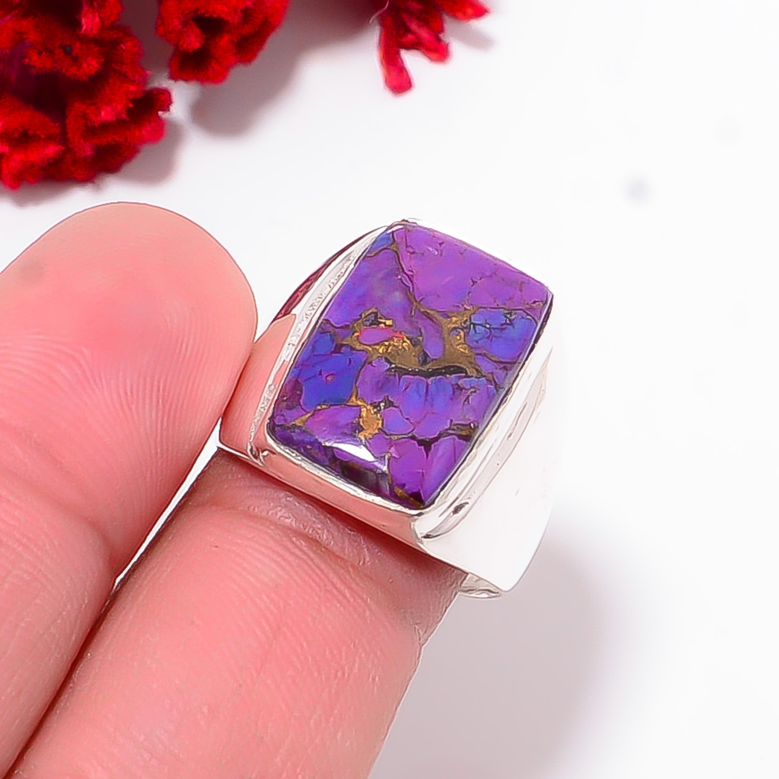 Copper Purple Turquoise Gemstone 925 Sterling Silver Ring S.8.5 R11878