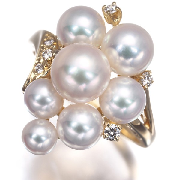 Auth Mikimoto Ring Baby Akoya Pearl 4.0-6.6mm Diamond US6-6.25 18K YG