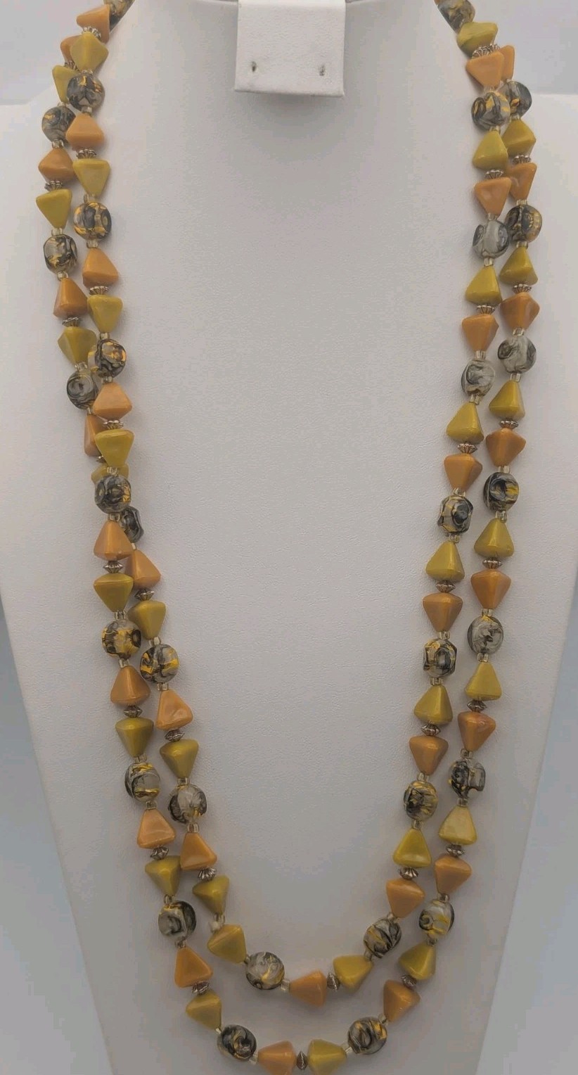 48 Inch Bead Necklace Acrylic Yellow Orange & Marbled Black Gray
