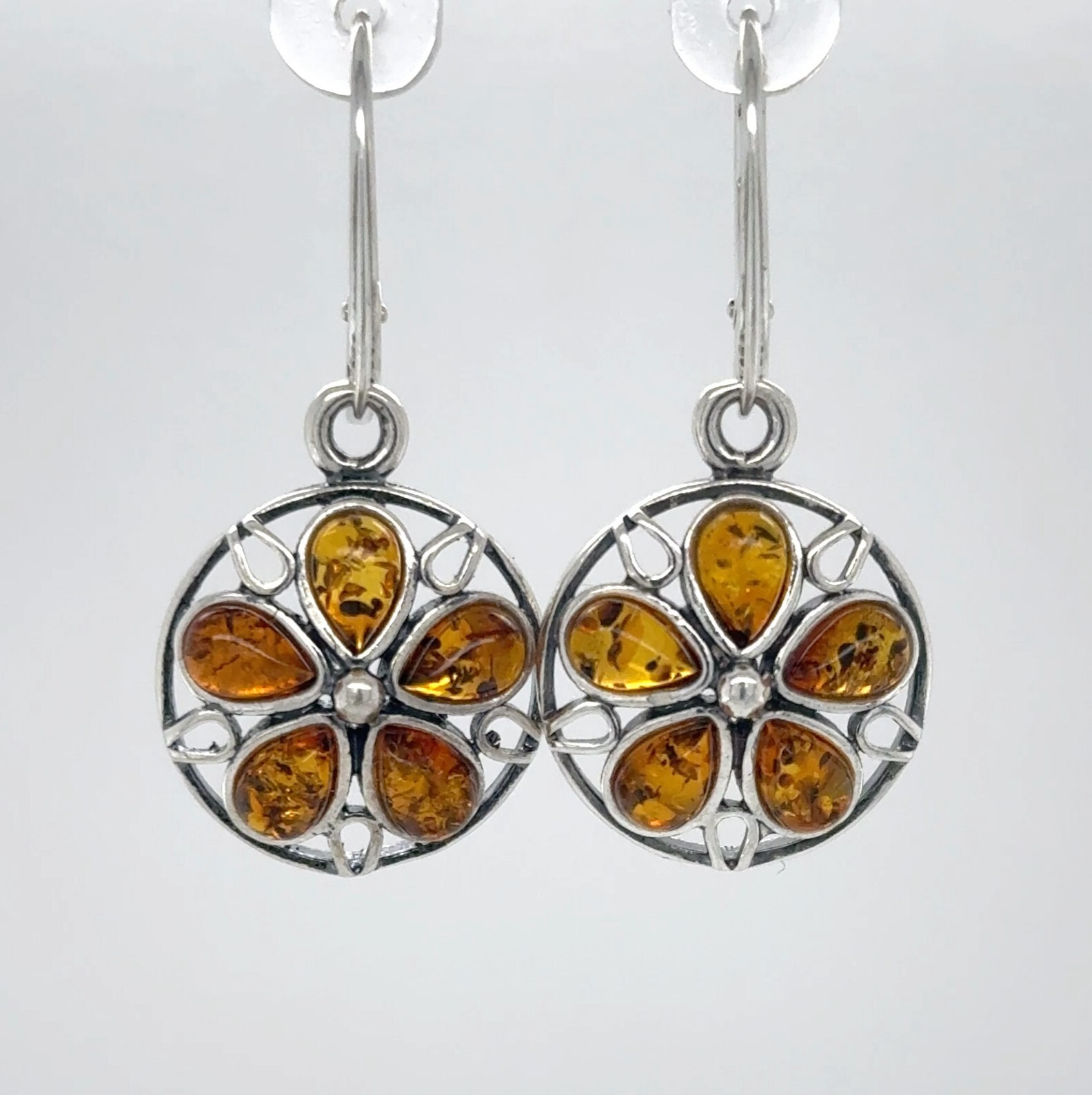 Cognac / Brown BALTIC AMBER Flower Leveback Earrings 925 STERLING SILVER #1666