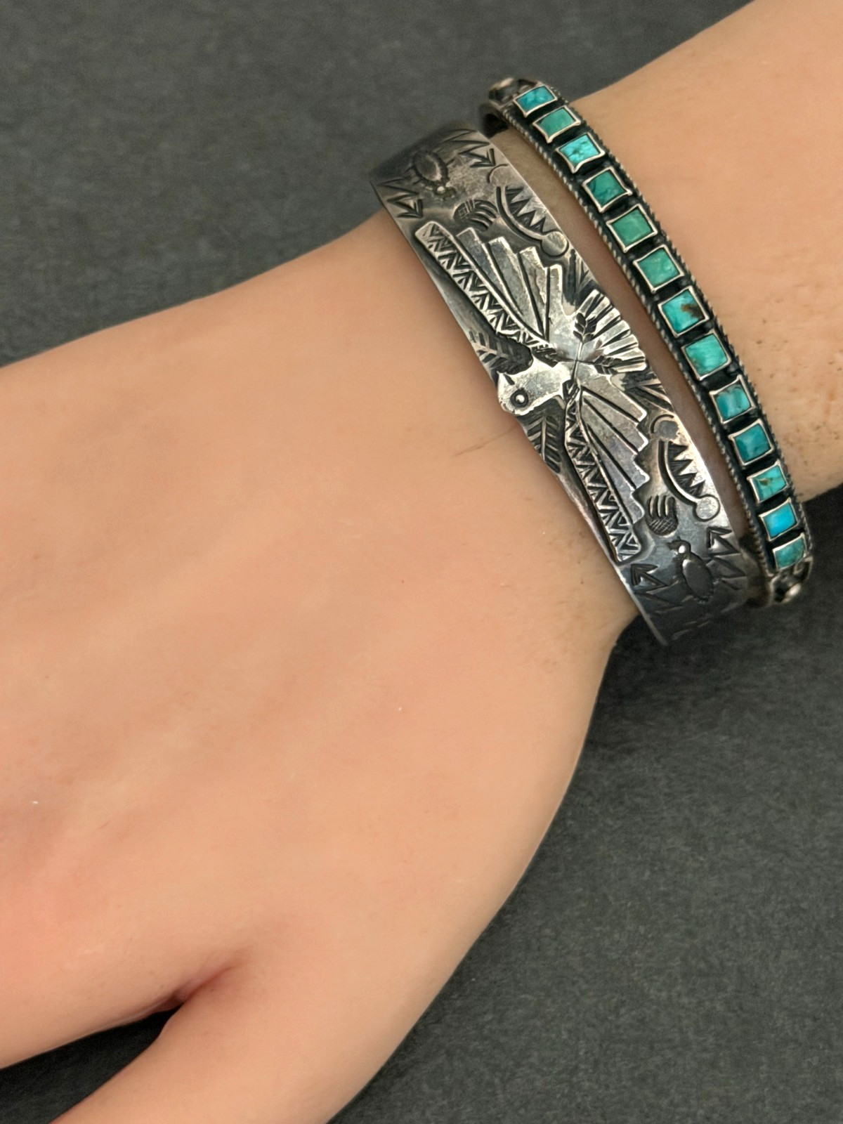 Vintage FRED HARVEY Era ZUNI Square Green Turquoise Silver bracelet 7in