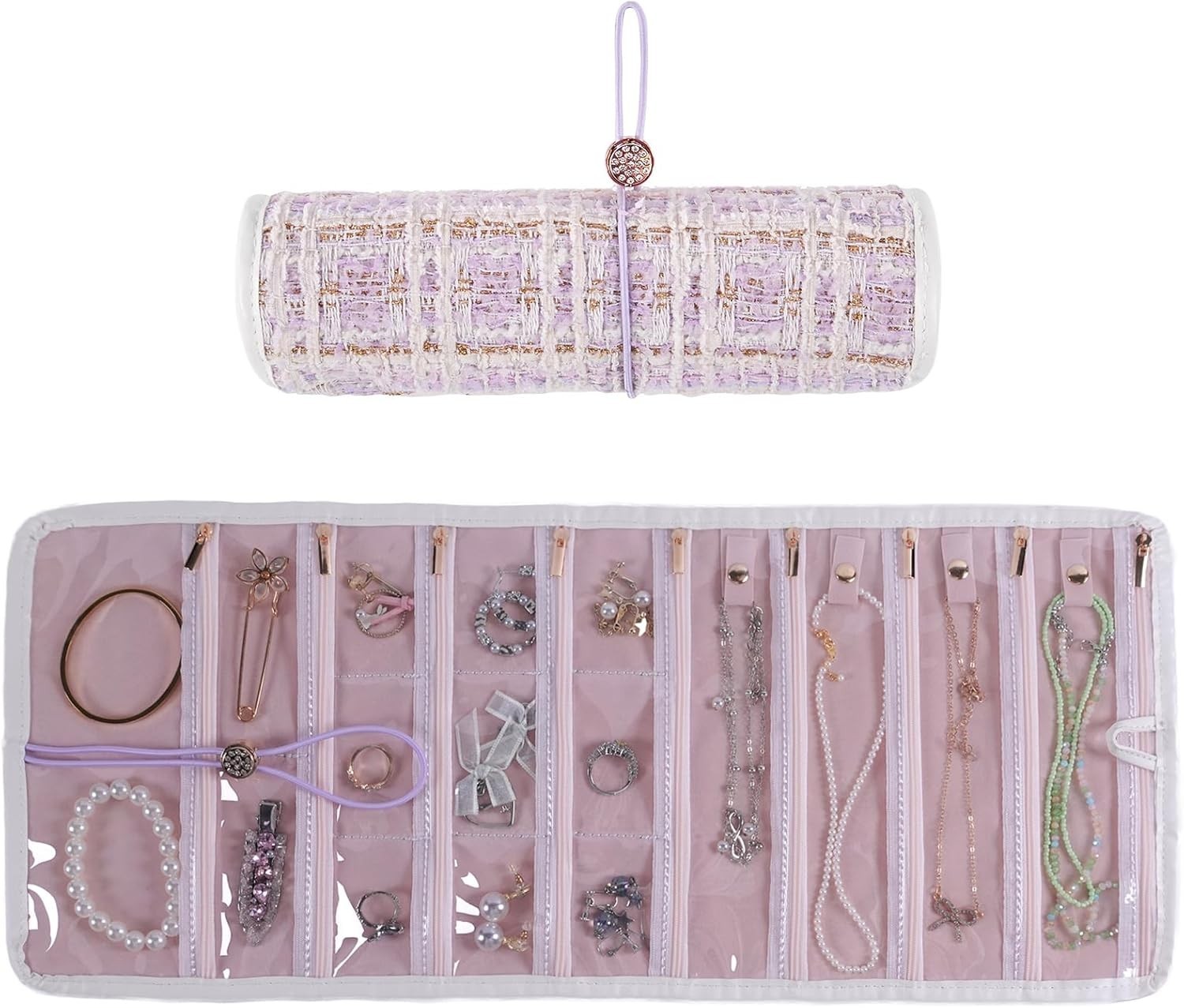 Travel Jewelry Organizer Roll W/ Zippered Pockets Hangable Tangle-Free Portable