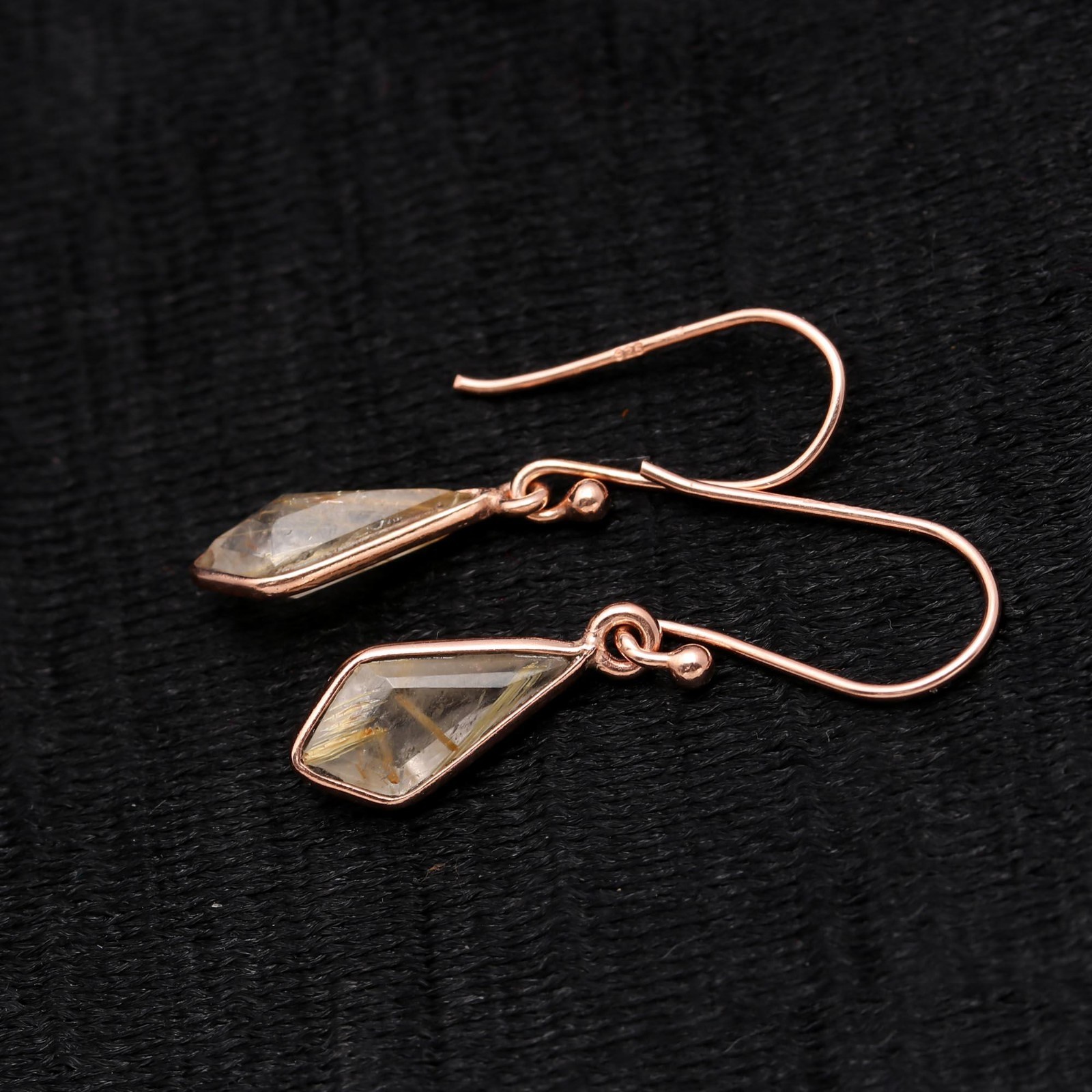 Natural Golden Rutile Kite Dangle Earrings Rose Gold Plated Solid Silver Jewelry