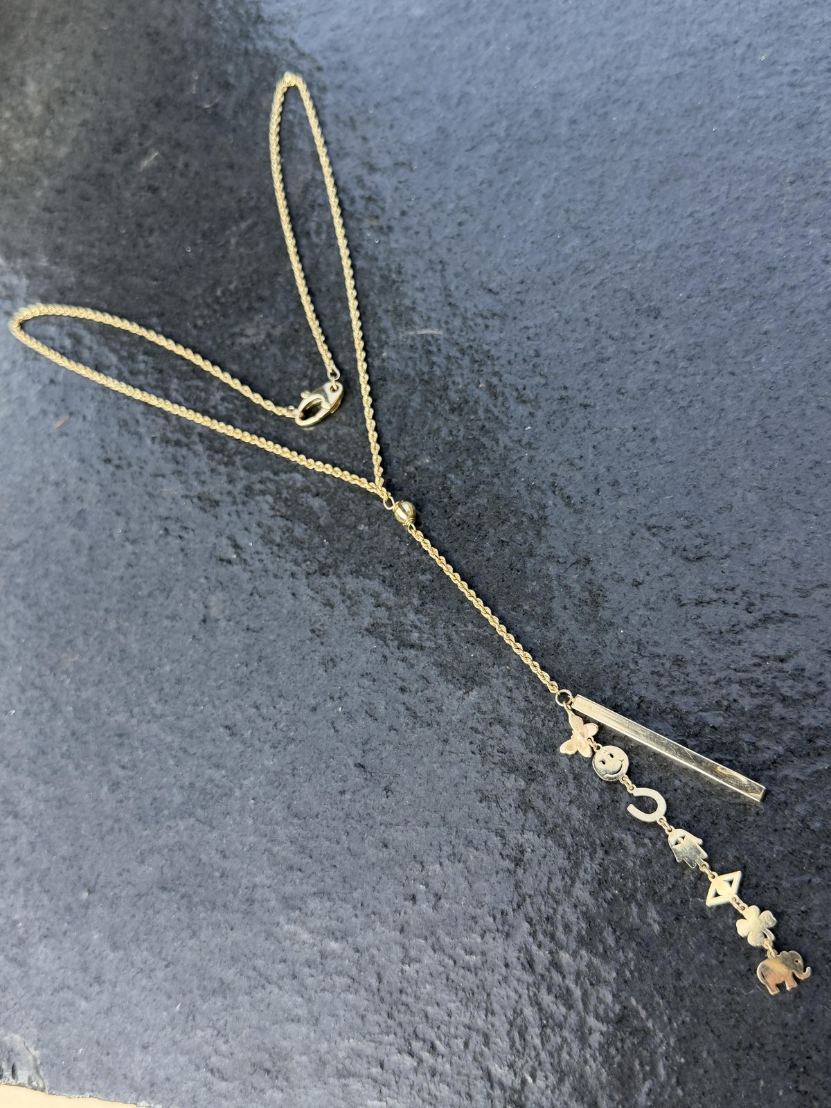 Sydney Evan 14k Yellow Gold Drop Y Necklace Rope Chain Pendant Bar Charms 18″ 6g