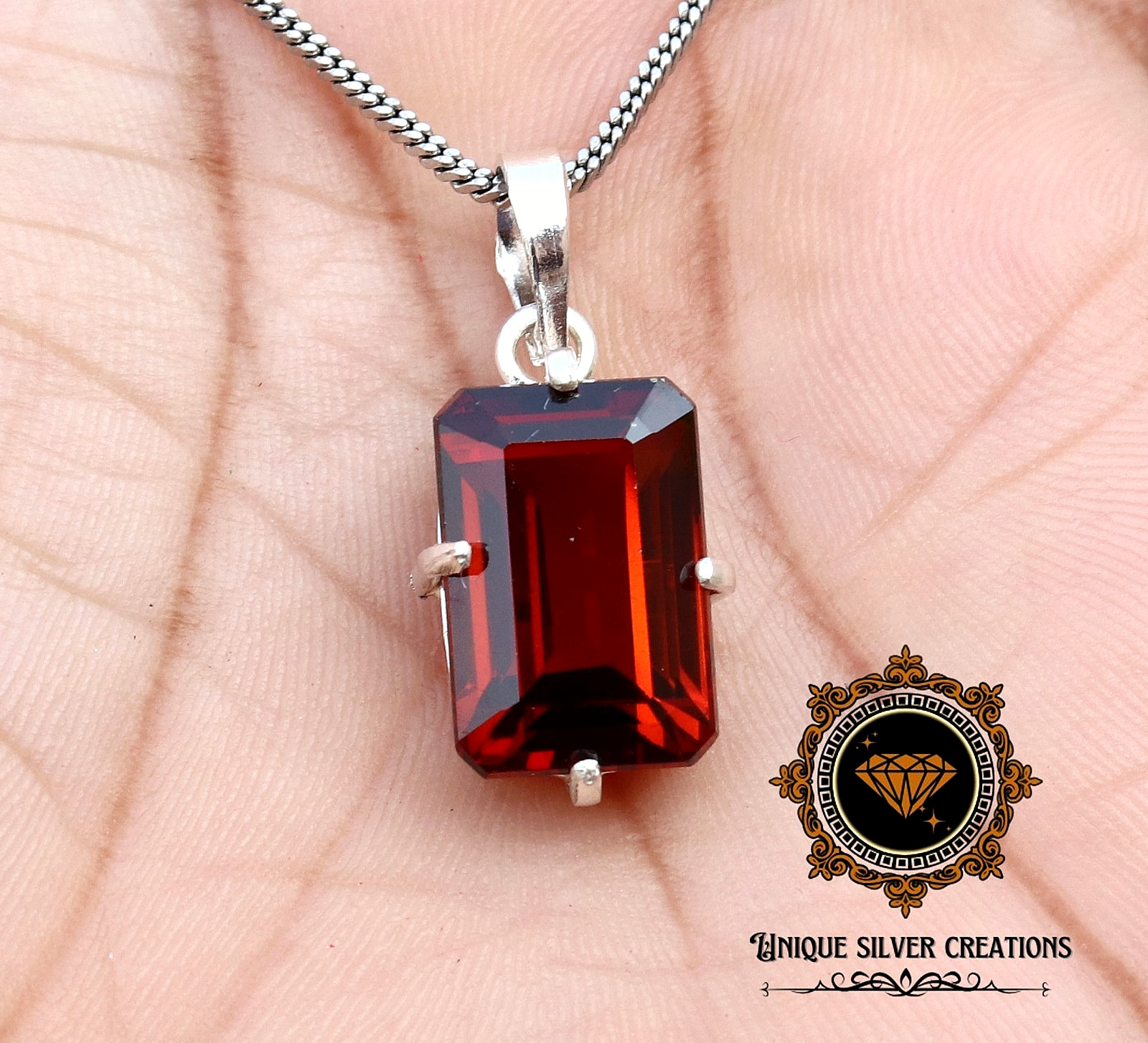 Natural Hessonite Garnet 925 Silver Pendant Certified Emerald Cut Loose Gemstone
