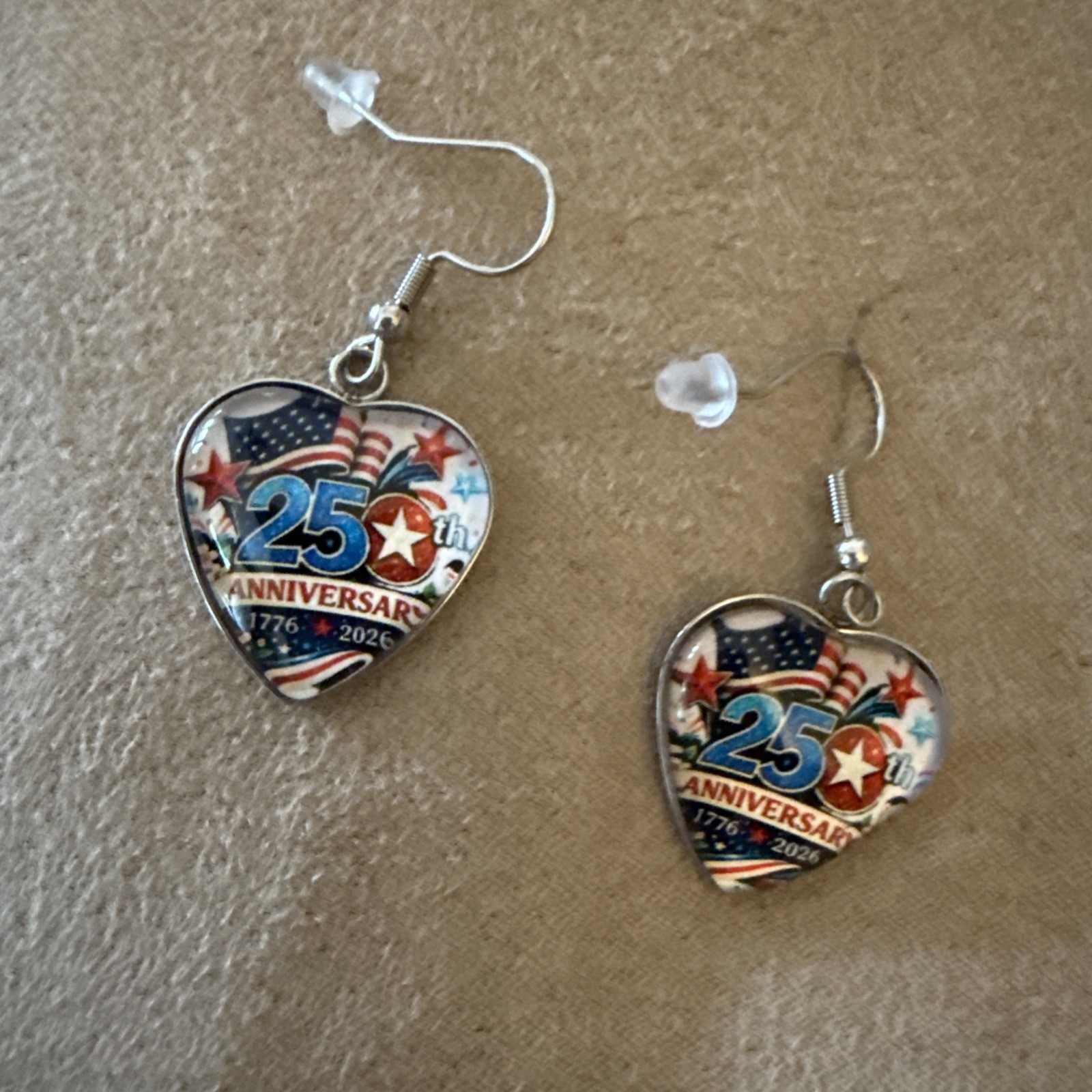 Love These 250th Anniversary W/American Flags Dangle Heart Shaped Earrings