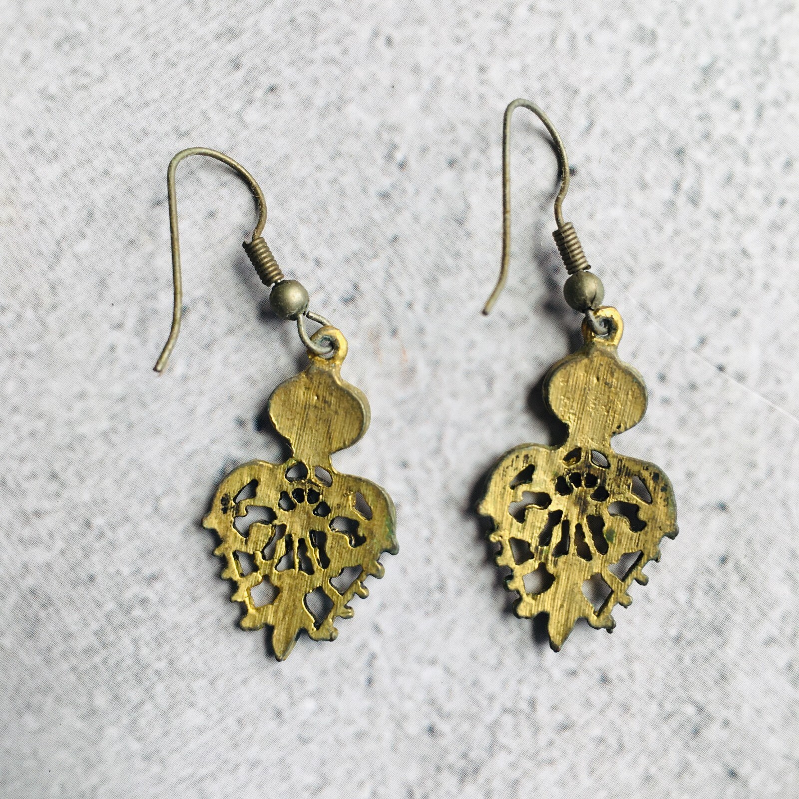 Ornate Metal and Enamel Vintage Dangle Pierced Earring 1.5″