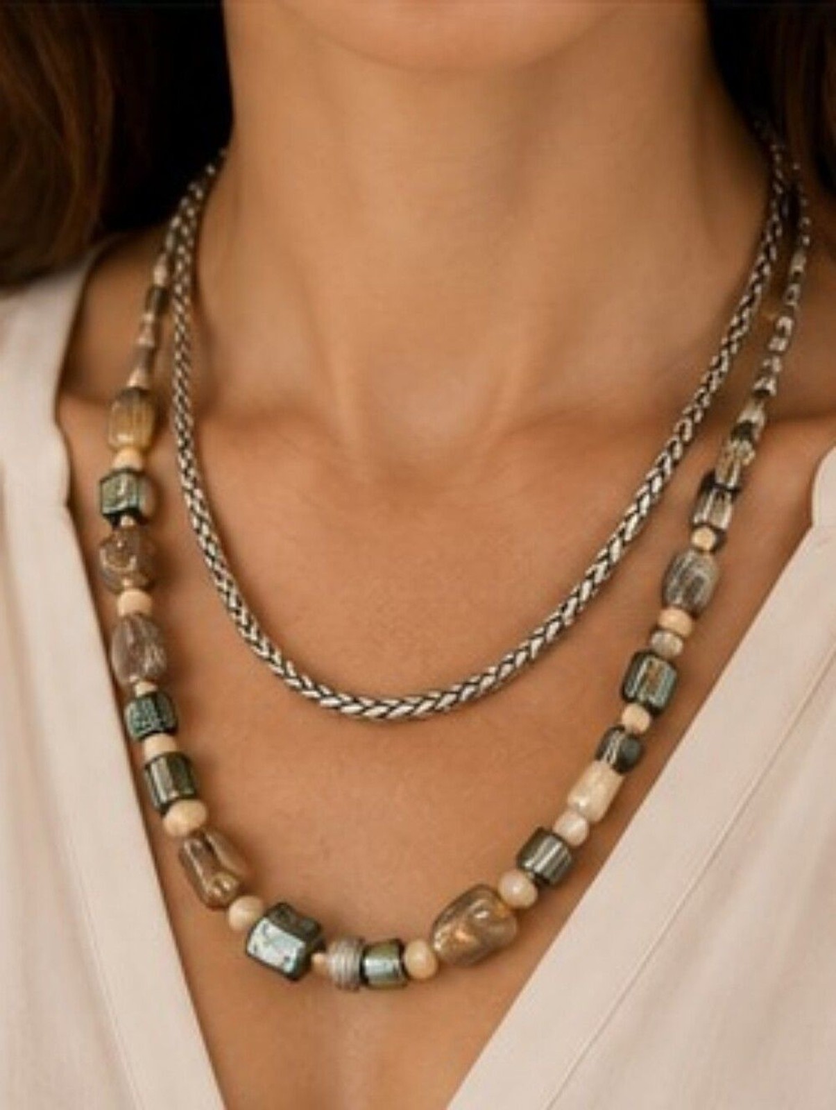 Vintage Chico’s Layered Abalone Mother of Pearl Necklace Silver Tone Boho Style