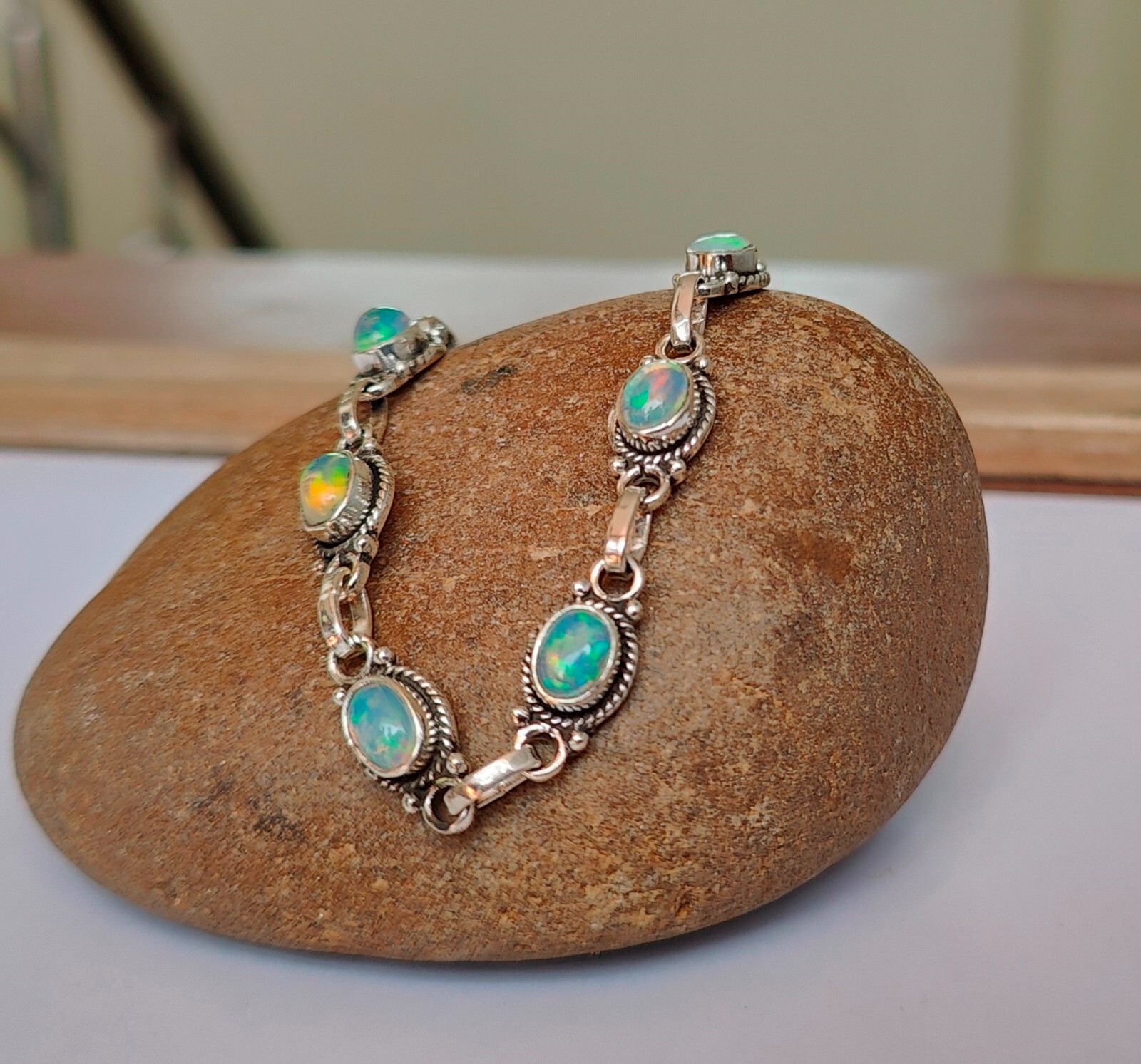 Opal Rainbow Gemstone Bracelet 925 Sterling Silver Beautiful Adjustable PG317