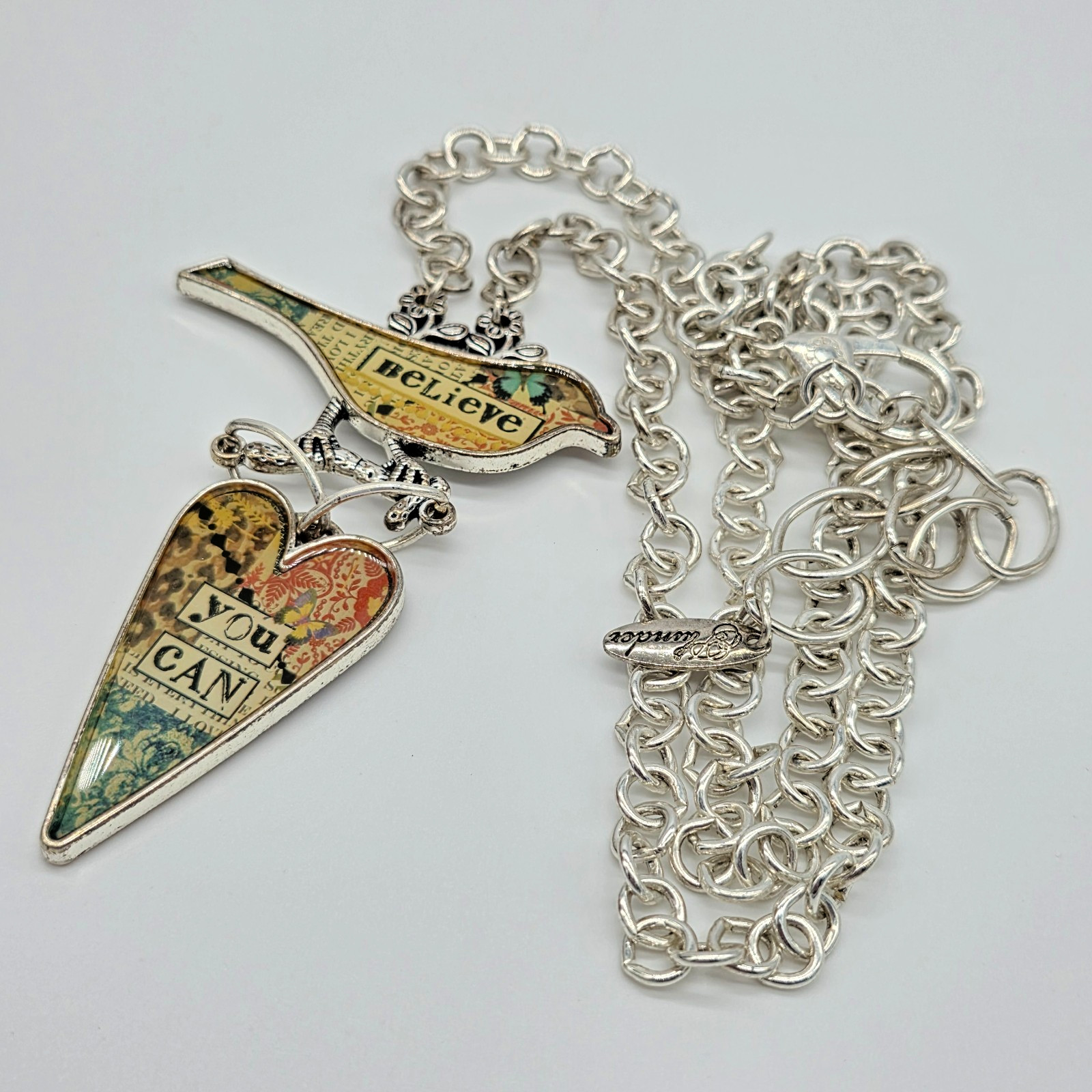 Plunder BELIEVE YOU CAN Silver Bird & Heart Pendant Mixed Media Necklace 30”