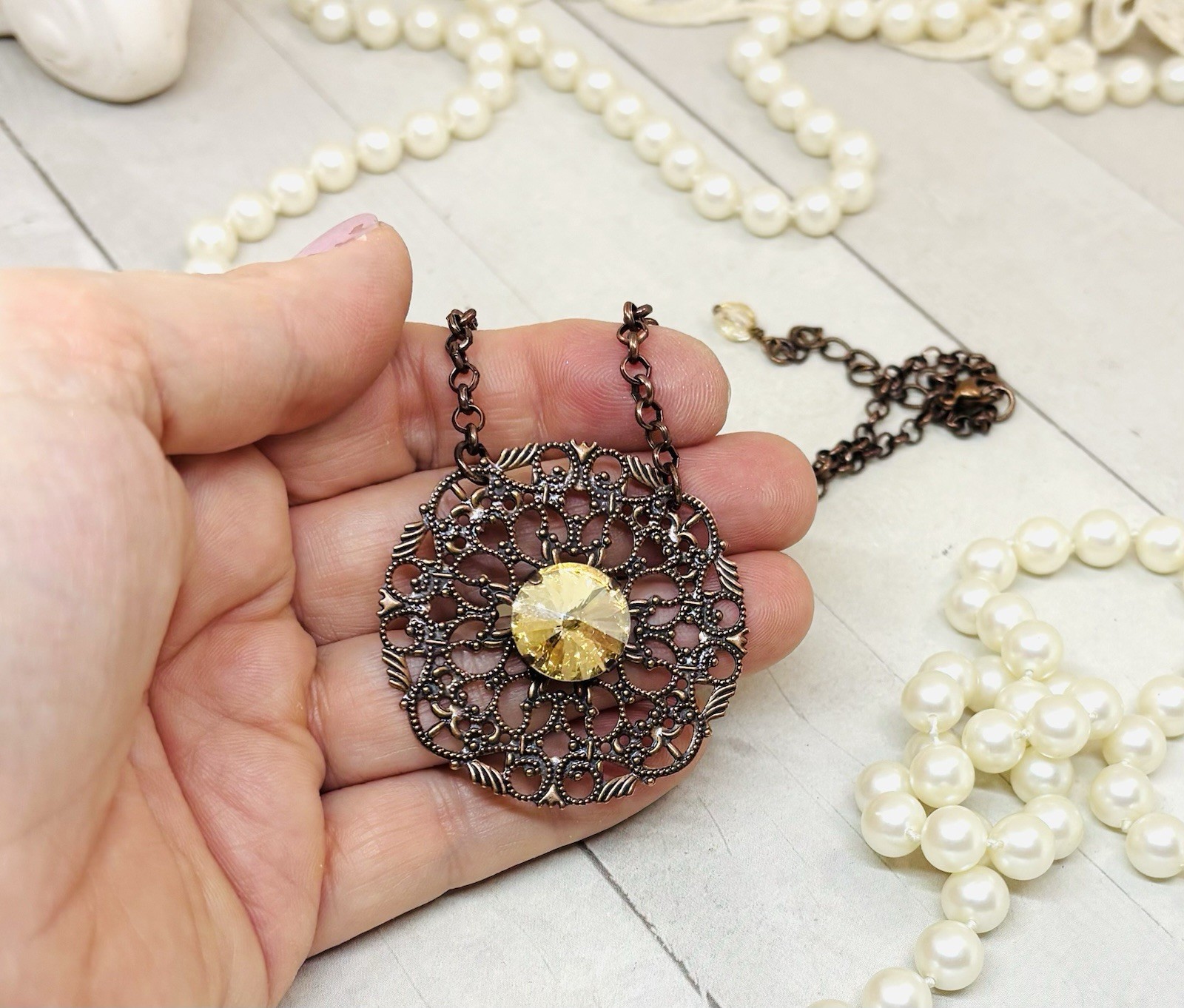 Antique Copper Plated Golden Shadow Cup Chain Filigree Lightweight Pendant