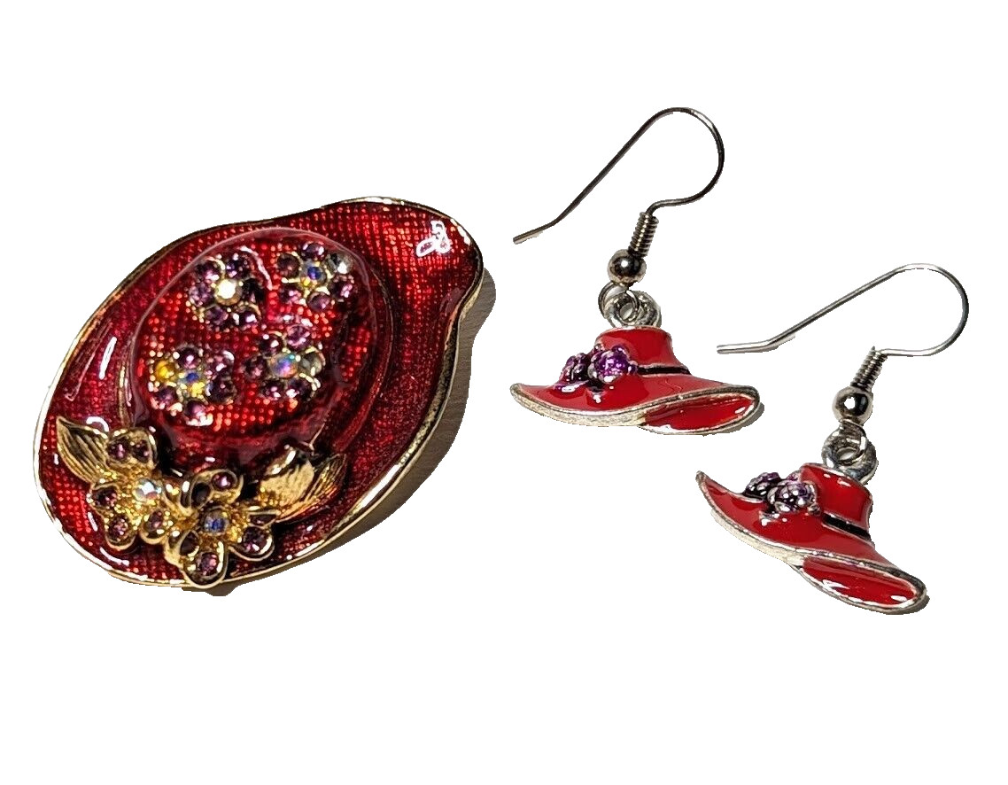 Vintage Enamel Red Hat Brooch Matching Earrings AB Rhinestones Flower