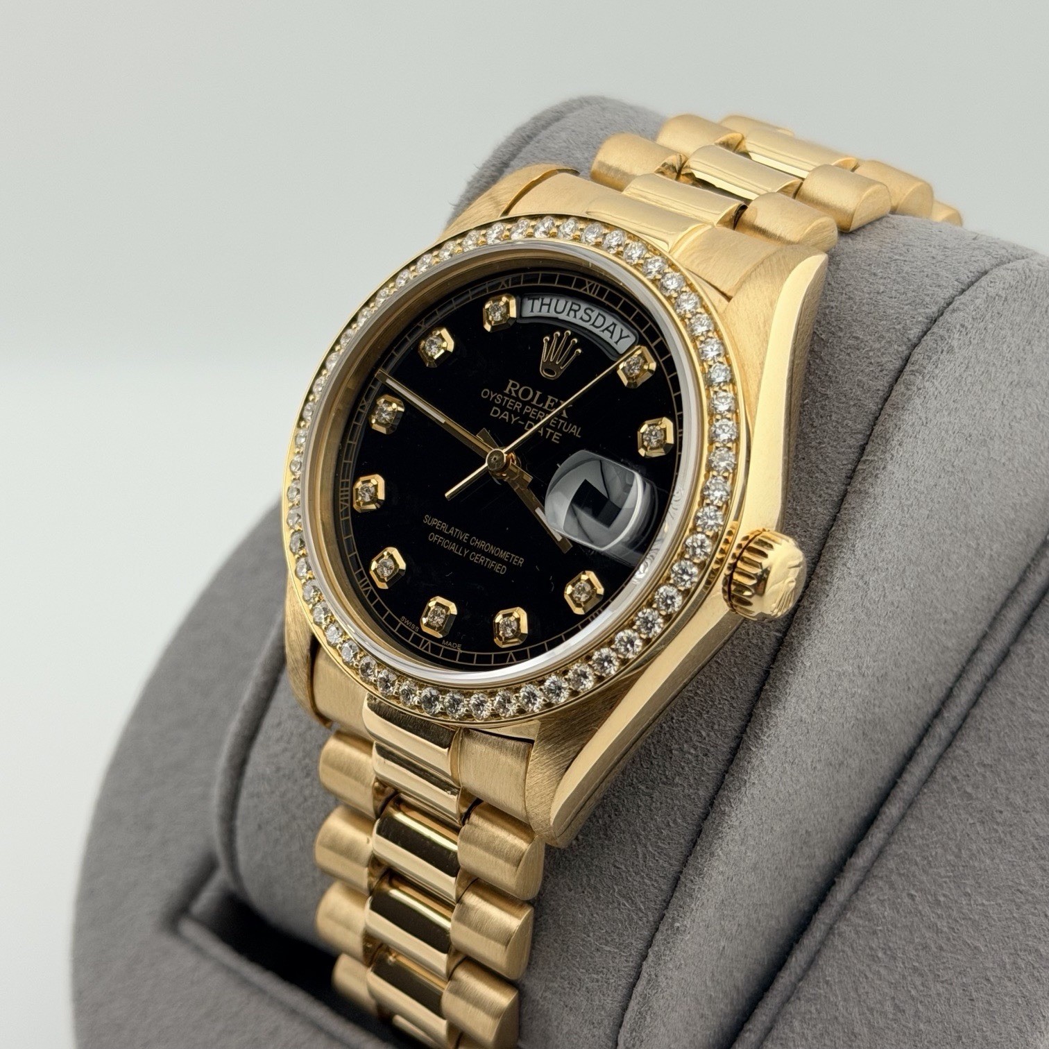 Rolex Day Date President 18038 36mm Quickset Black Diamond Dial & Bezel 18K Gold