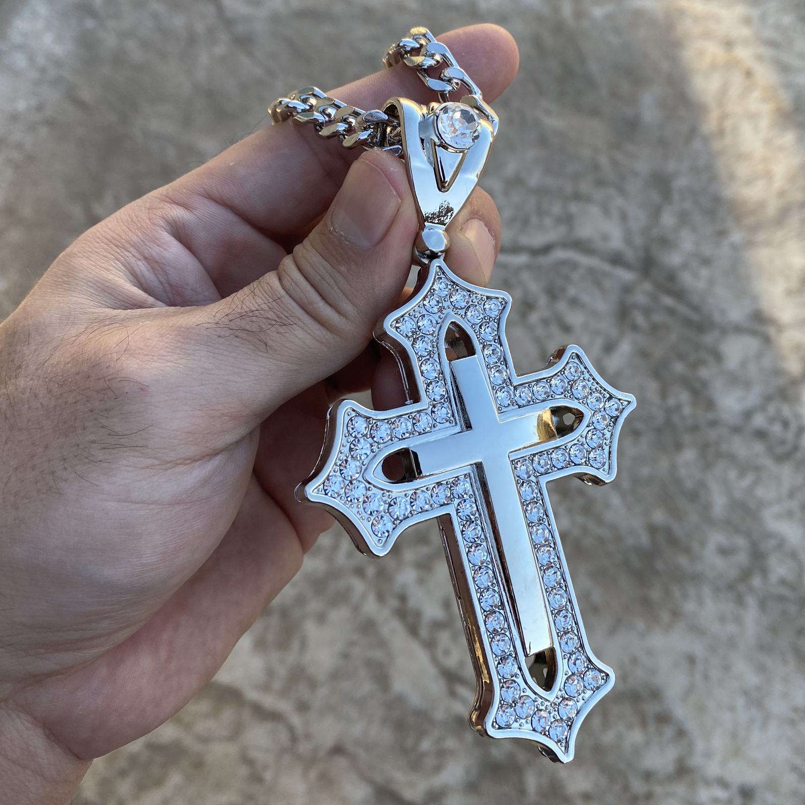 Huge Open Cross Iced Flooded Out CZ Silver Tone Cuban Link Hip Hop Chain 30″